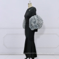 Black Hollow Out Long Puff Sleeve Polka Dot Party Maxi Lady Club Dress